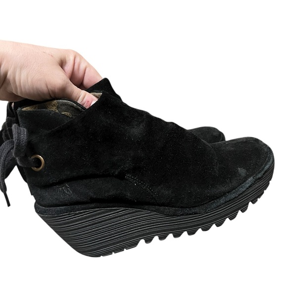 Fly London Yama black suede wedge ankle boots with tie back - Picture 3 of 10